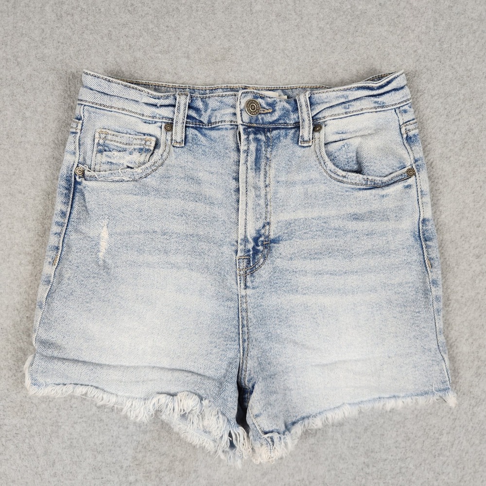 Hidden Denim Shorts Womens Small Blue Whiskered Cotton Stretch High Rise Raw Hem